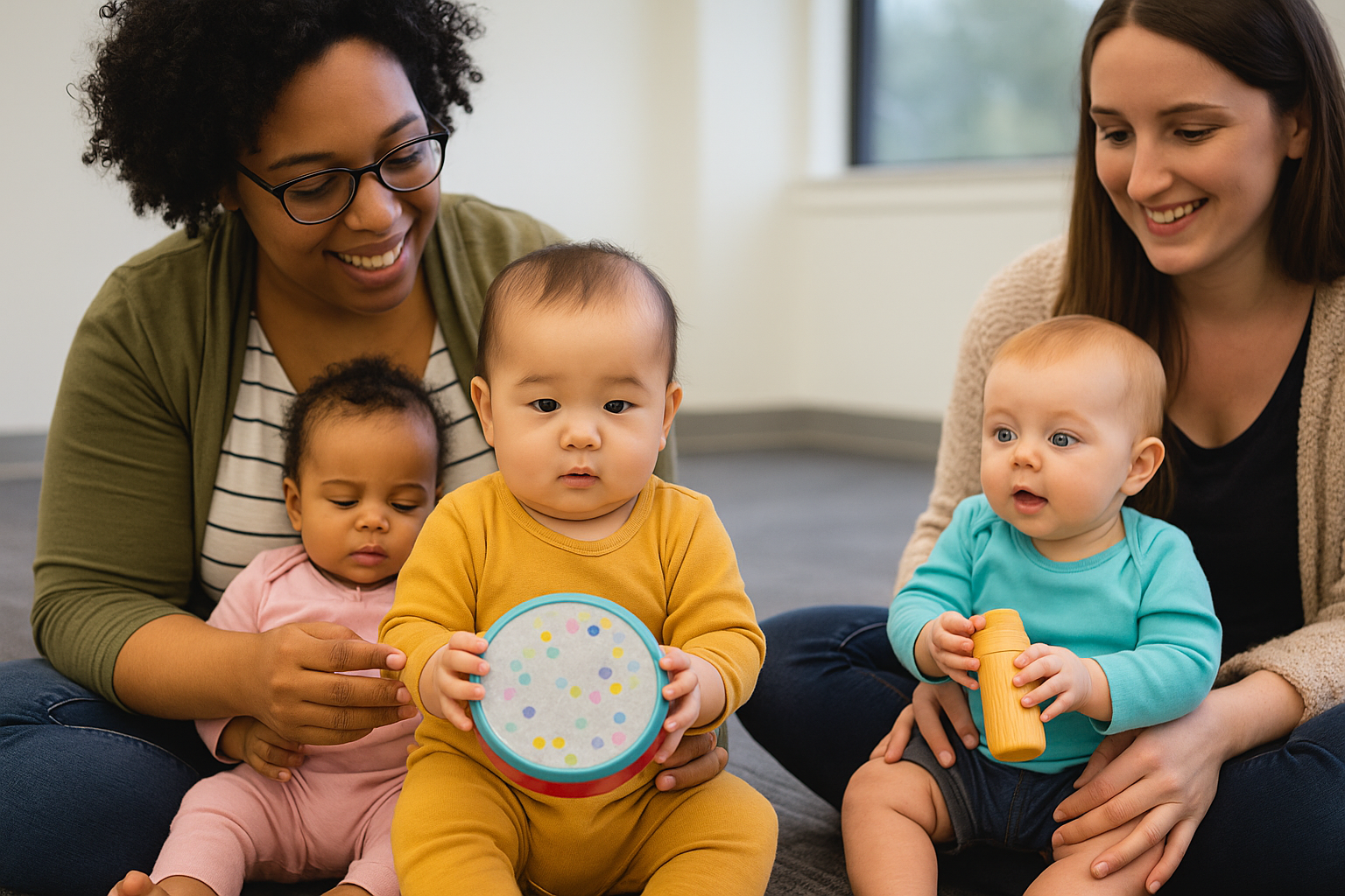 Infant music class with babies and parents exploring instruments