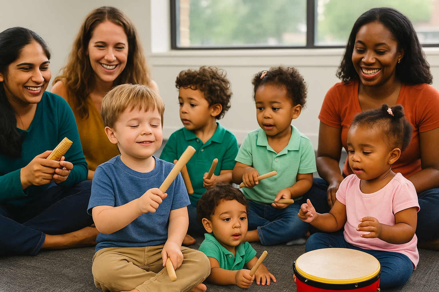 Preschool children playing rhythm sticks in group music class