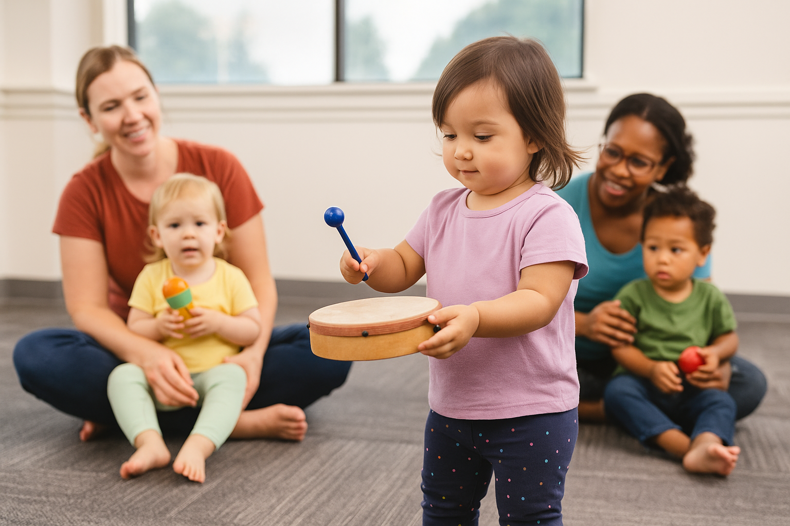 Toddler playing drum in music class