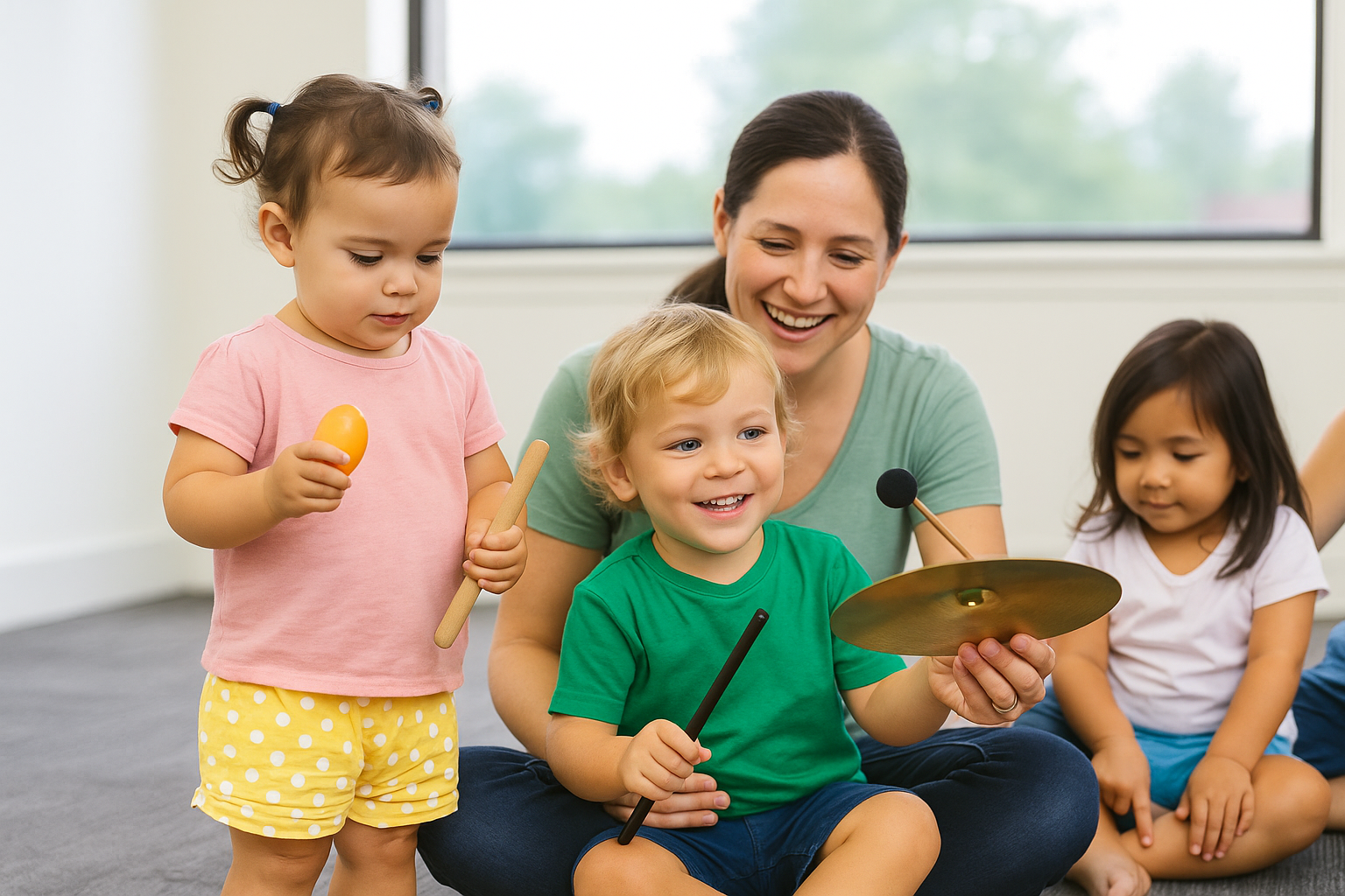 Two-year-olds making music with instruments and parent
