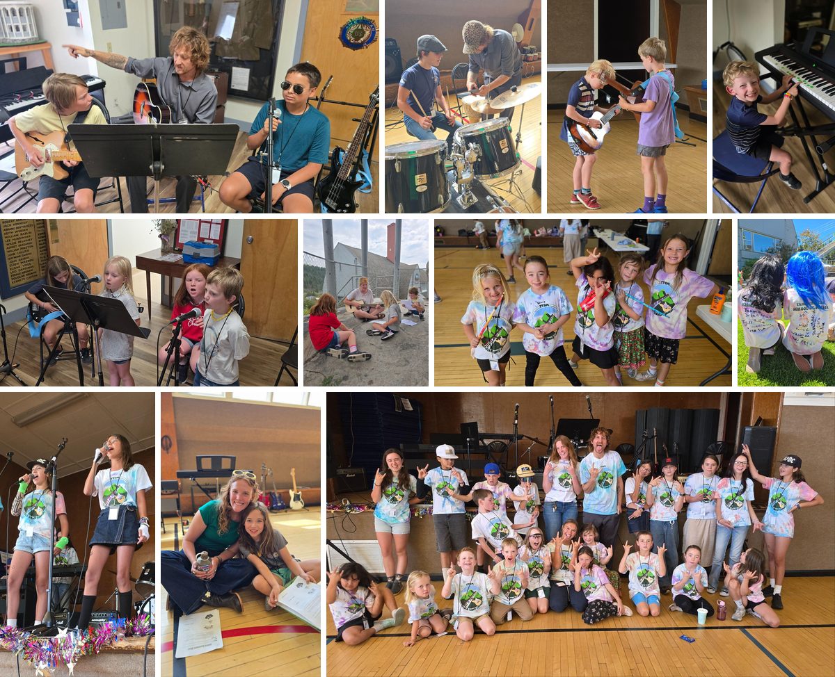 Students at Rock Band Camp playing guitar, drums and keyboard, and the full camp group photo