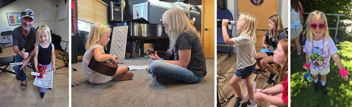 Dylan playing ukulele in a lesson and singing into a microphone at Rock Band Camp