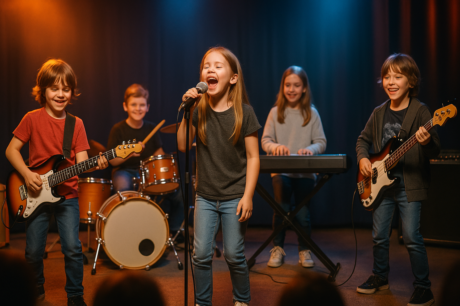 Youth band performing on stage with vocalist and full band