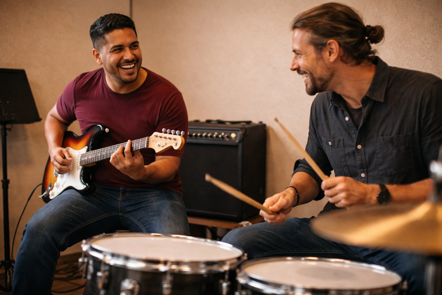 Student and instructor jamming together in practice room