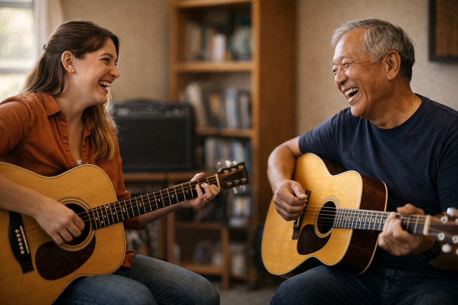 Instructor and student laughing together during a lesson