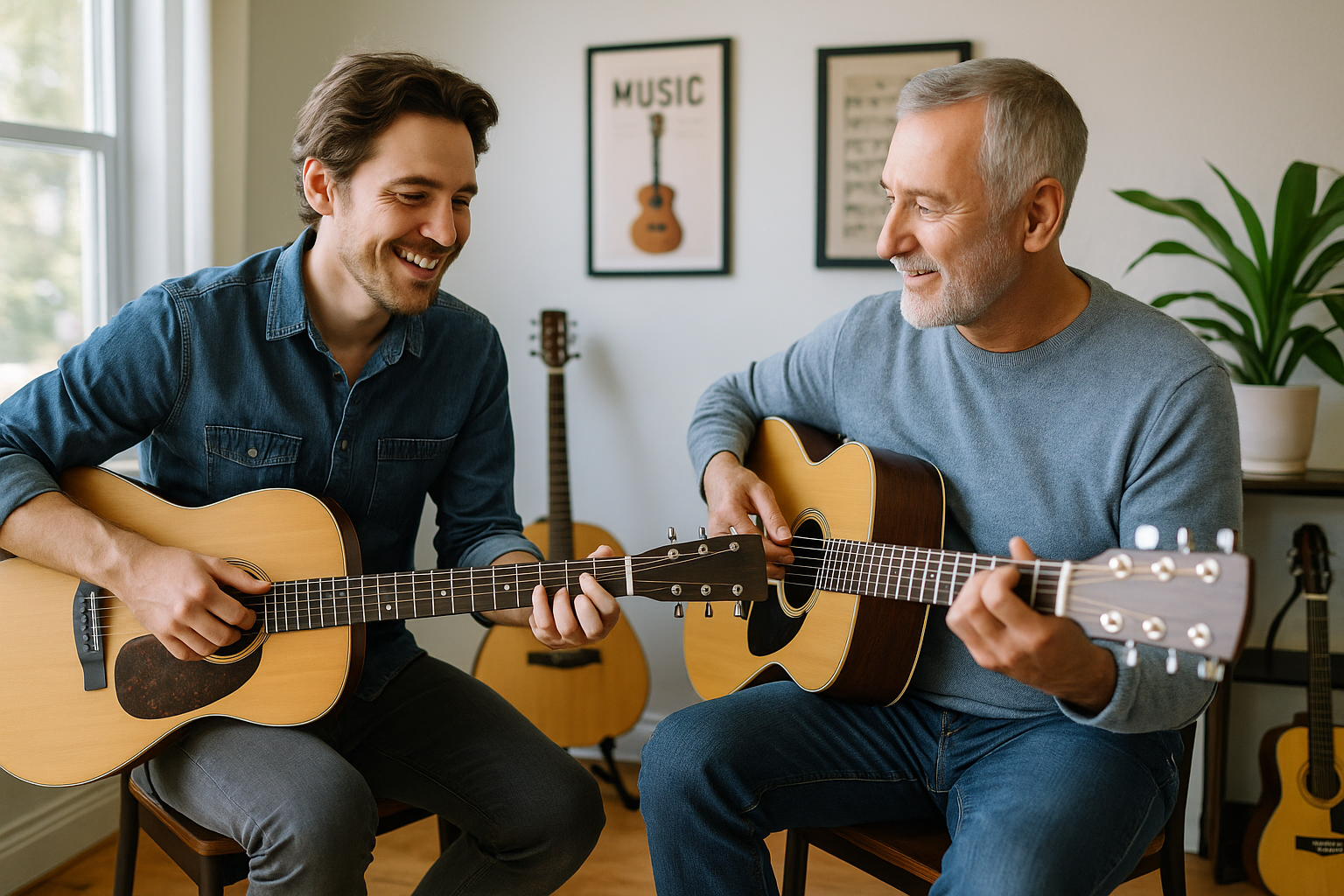 Adult students learning guitar together