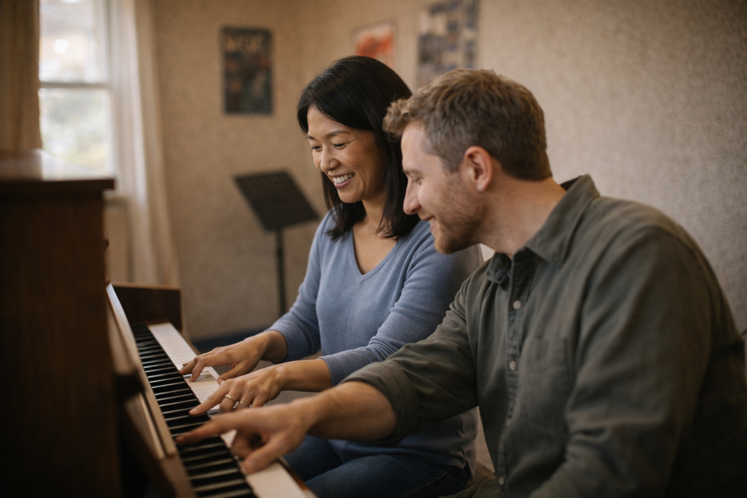 Adult student learning piano with instructor