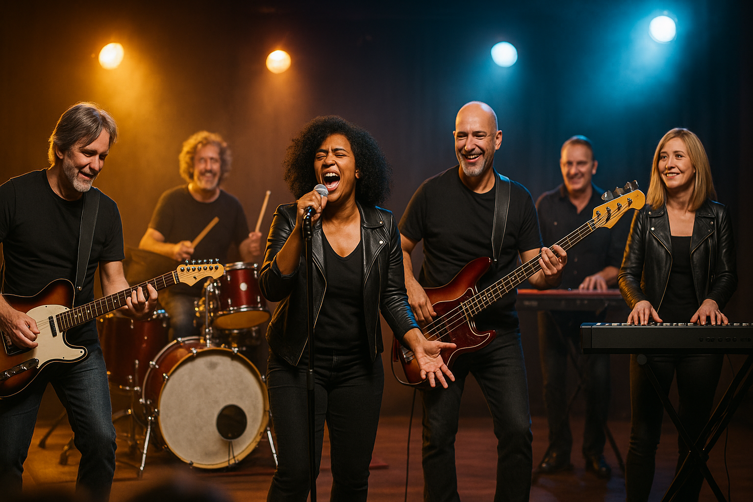 Adult rock band performing on stage