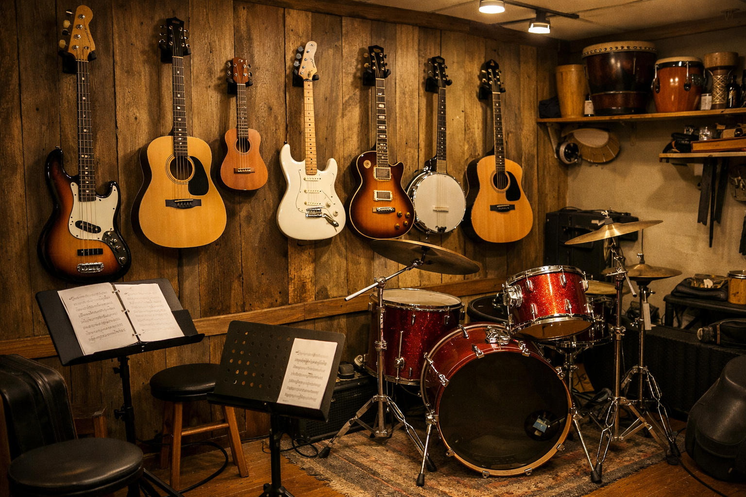 Instrument wall at TTSM with guitars, bass, ukuleles, and drums